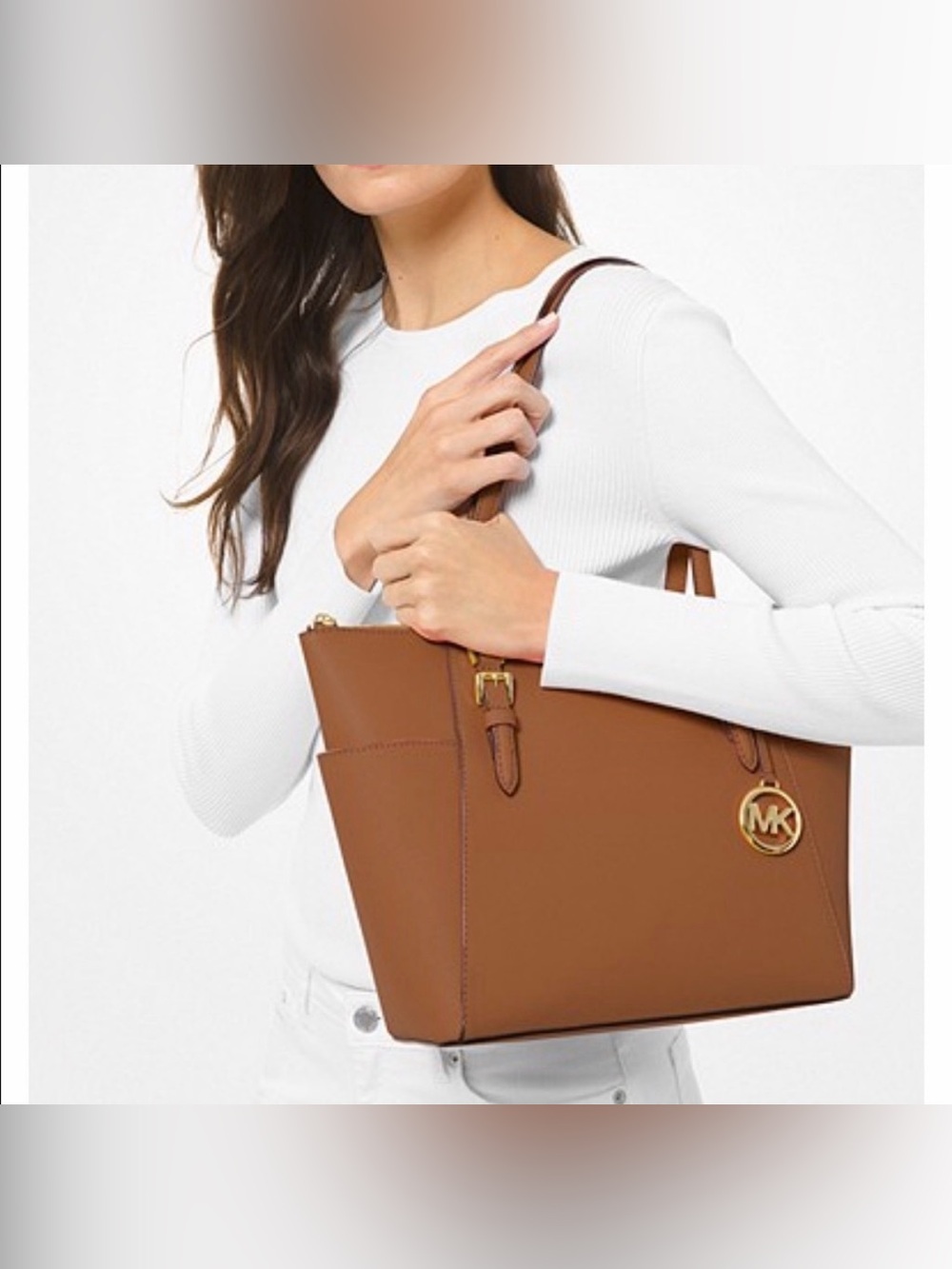 Michael Kors Jet Set Travel Saffiano Leather Tote Bag Acorn Brown Gold Hardware - Picture 4 of 16